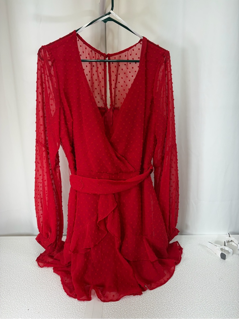 B. Smart Red Self-Tie Swiss Dot Long Sleeve Wrap Dress 3887